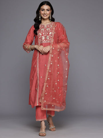 Varanga Women Rust Zari Thread Embroidered Organza Detailed Kurta With Bottom And Dupatta